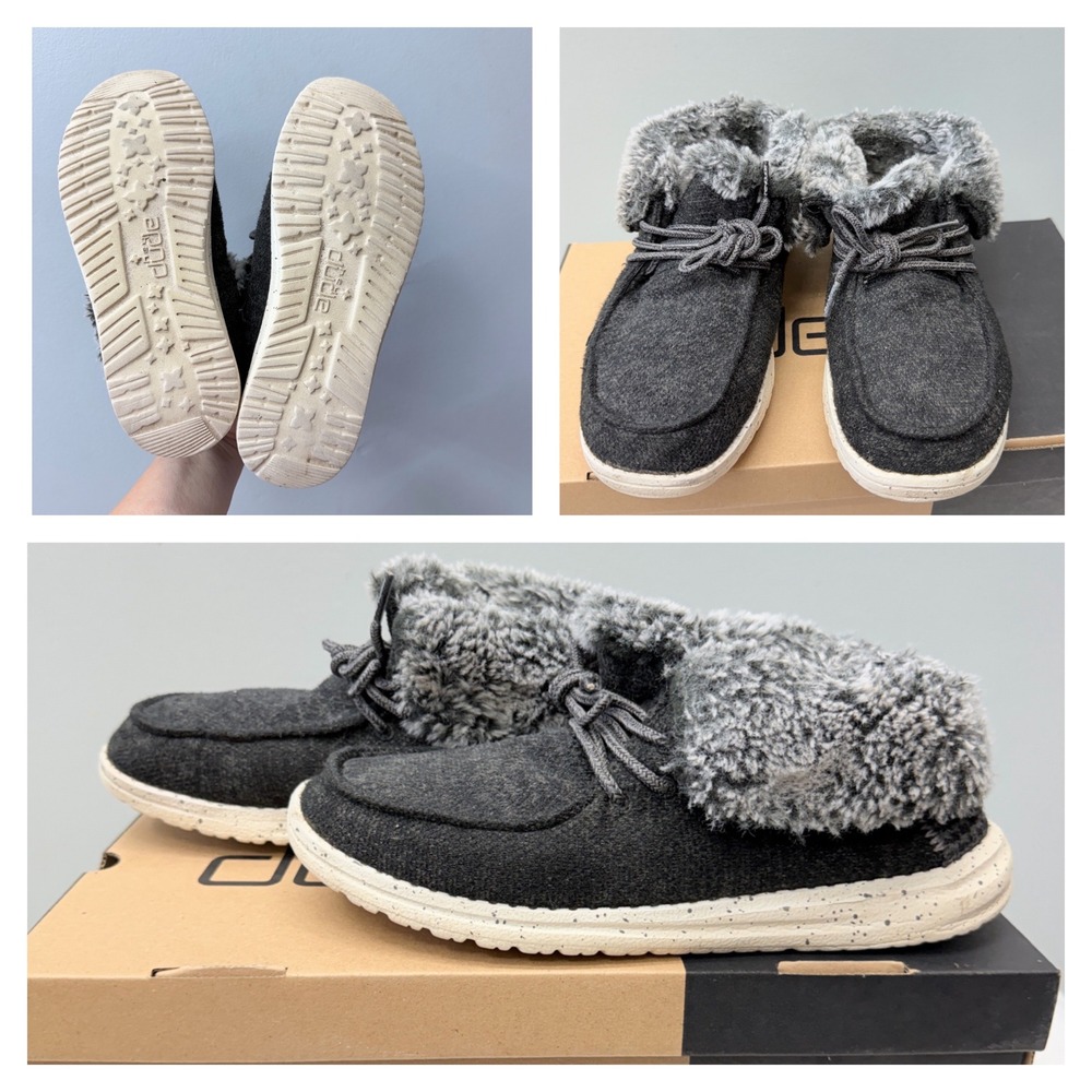 Hey Dude Britt Womens 6 Black Charcoal Fur Lined Slip On Ankle‎ Boots Shoes
